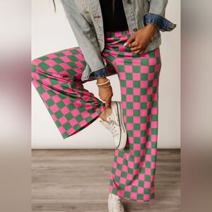Vibrant Pink & Green Checkered Wide Leg Pants XL Waist Stretxh 40Length 30 EUC